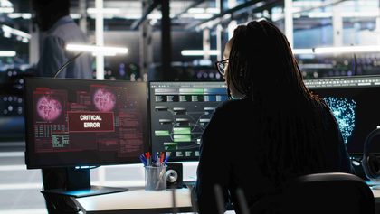 Senhora a usar o computador e no ecr&atilde; a aparecer informa&ccedil;&otilde;es de seguran&ccedil;a digital