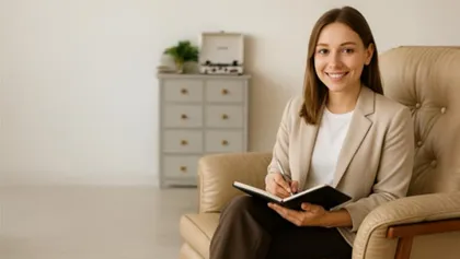 Senhora sentada numa cadeira com um caderno em mãos