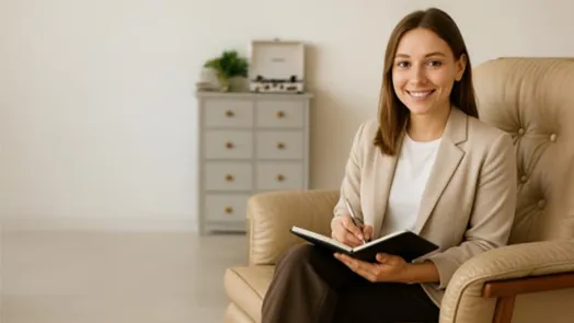 Senhora sentada numa cadeira com um caderno em mãos