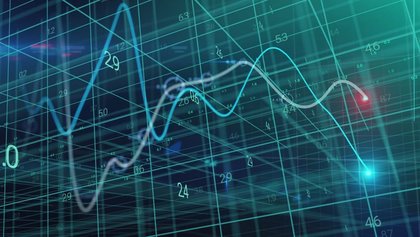 imagen de gráficos y números sobre cuadrícula en 3D y fondo negro