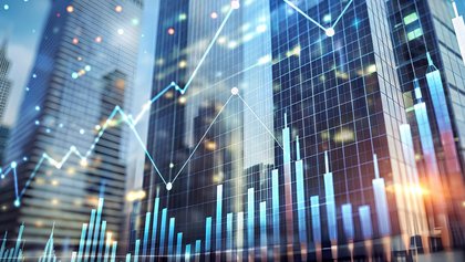 holograma de un gráfico financiero sobre fondo borroso de un edificio de oficinas