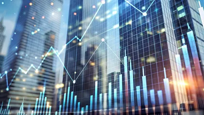 holograma de un gráfico financiero sobre fondo borroso de un edificio de oficinas